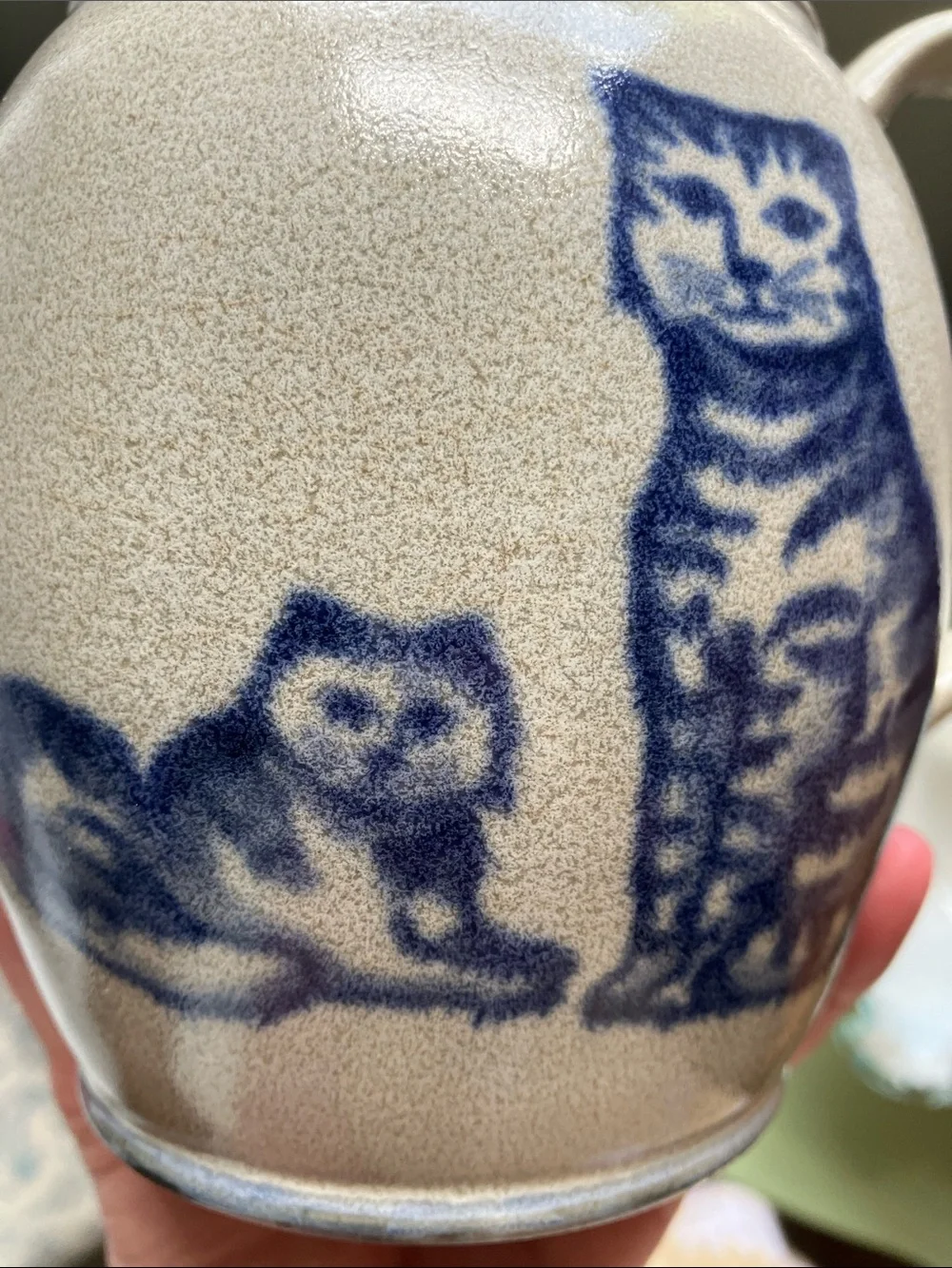 Stoneware type 6” pitcher with blue cat design